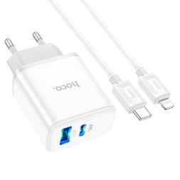 Сетевое зар. устр. Hoco C105A с шнуром Type-C на Lightning 1USB/1С PD3.0/QC3.0 3A 20W белое