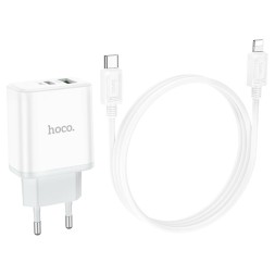 Сетевое зар. устр. Hoco C105A с шнуром Type-C на Lightning 1USB/1С PD3.0/QC3.0 3A 20W белое