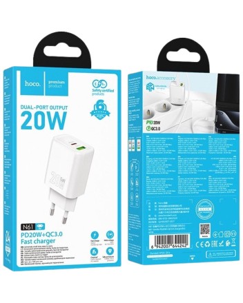  Сетевое зар. устр. Hoco N61 1USB/1С PD/QC3.0 3A 20W белое