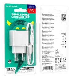 Сетевое зар. устр. Borofone BAS11A с шнуром Lightning 1USB 10.5W белое