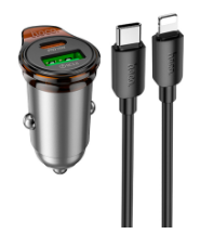 Автомобильное заряд. устр. Hoco NZ16A с шнуром Type-C на Lightning 1USB/1C серое