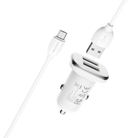  Автомобильное заряд. устр. Borofone BZ12 с шнуром Micro 2USB 2.4A белое