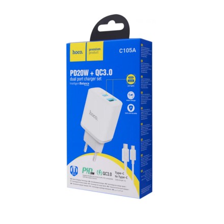  Сетевое зар. устр. Hoco C105A с шнуром Type-C на Type-C 1USB/1С PD3.0/QC3.0 20W/18W белое