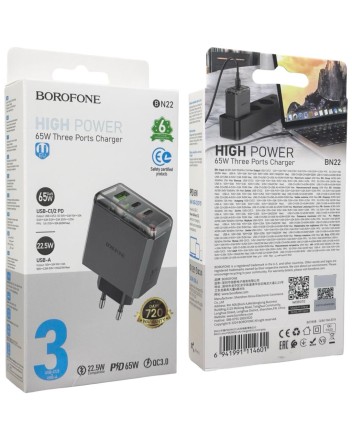  Сетевое зар. устр. Borofone BN22 1USB/2C 22.5W/65W серое