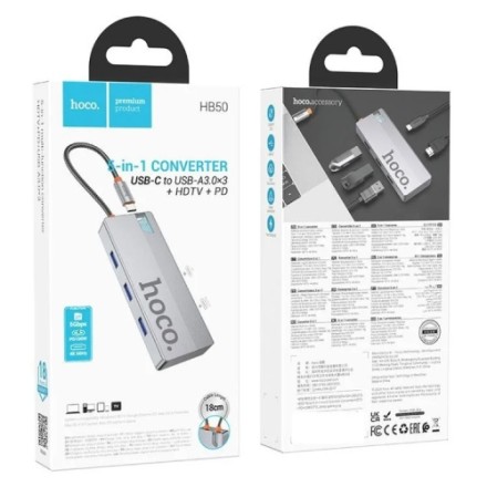  Кабель-переходник Hoco HB50 Type-C на HDMI/USB3.0/USB-C серый