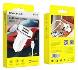 Автомобильное заряд. устр. Borofone BZ12 с шнуром Type-C 2USB 2.4A белое