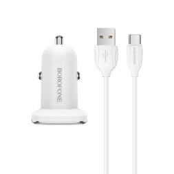 Автомобильное заряд. устр. Borofone BZ12 с шнуром Type-C 2USB 2.4A белое