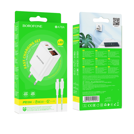  Сетевое зар. устр. Borofone BA78A 1USB/1C с шнуром Type-C на Type-C PD/QC3.0 18W/20W белое