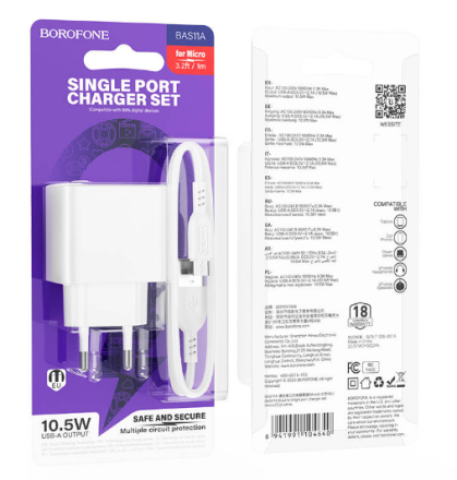  Сетевое зар. устр. Borofone BAS11A с шнуром Micro 1USB 10.5W белое