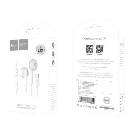  Стереонаушники Hoco L10 с микрофоном Type-C 1.2м белые