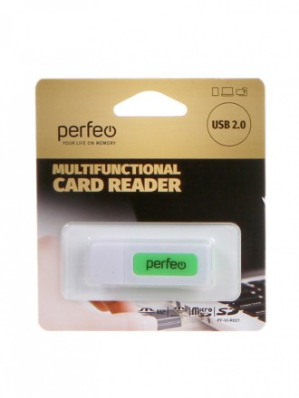  Картридер USB2.0 MicroSD/SD/MMC/MS/M2 Perfeo (PF-VI-R021) бело-зеленый