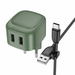 Сетевое зар. устр. Borofone BAS21A 2USB 2.1A с шнуром Type-C зеленый