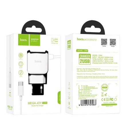  Сетевое зар. устр. Hoco C59A 2USB 2.4A с шнуром Lightning белое