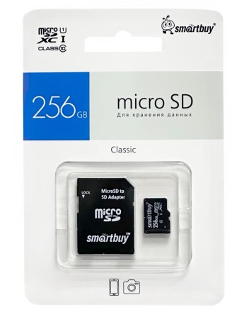  micro SDXC карта памяти Smartbuy 256GB Class 10 80 MB/s (с адаптером SD)