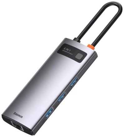  USB-C хаб Baseus Metal Gleam 6в1 3USB/HDMI/USB-C/Ethernet (CAHUB-CW0G) серый