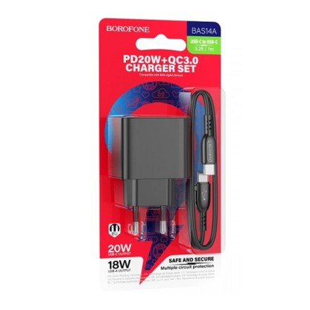  Сетевое зар. устр. Borofone BAS14A 1USB/1C с кабелем Type-C на Type PD/QC3.0 18W/20W чёрный