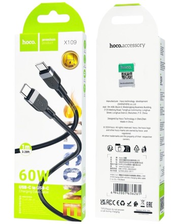  Usb Кабель-зарядка Type-C на Type-C Hoco X109 3A 60W 1м силиконовый черный
