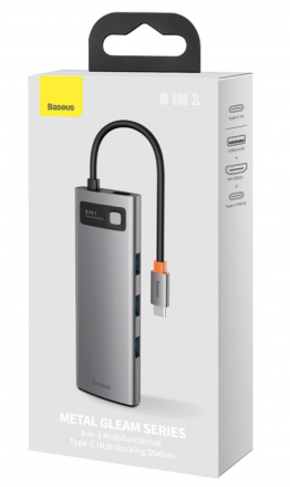 USB-C хаб Baseus Metal Gleam 8в1 3USB/HDMI/USB-C/MicroSD/TF/RJ45 (CAHUB-CV0G) серый
