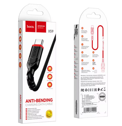  Usb Кабель-зарядка Type-C Hoco X59 3A 1м в тканевой оплётке черный
