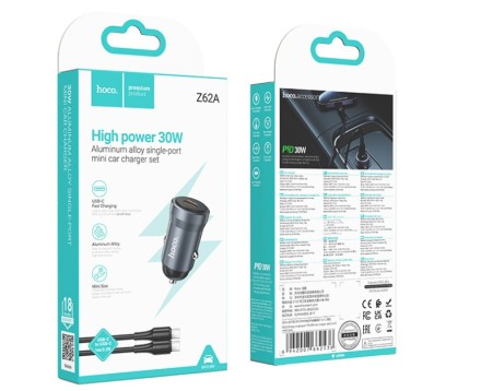  Автомобильное заряд. устр. Hoco Z62A с шнуром Type-C на Type-C 1C 30W темно-серое