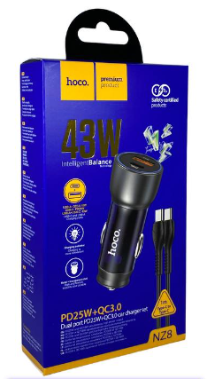  Автомобильное заряд. устр. Hoco NZ8 1USB/1C + кабель TC-TC 18W/25W серый