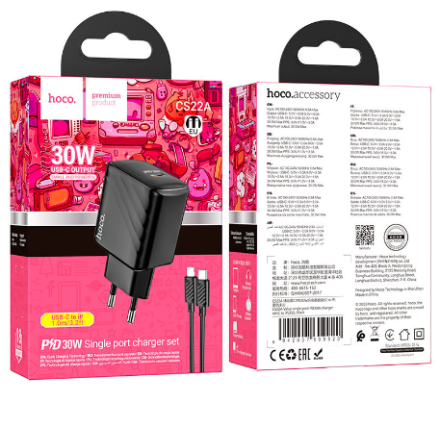  Сетевое зар. устр. Hoco CS22A с шнуром Type-C на Lightning 1С 30W черное