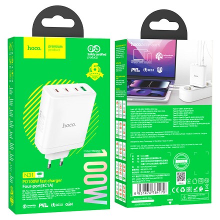  Сетевое зар. устр. Hoco N31 GaN 1USB/3USB-С 100W белое