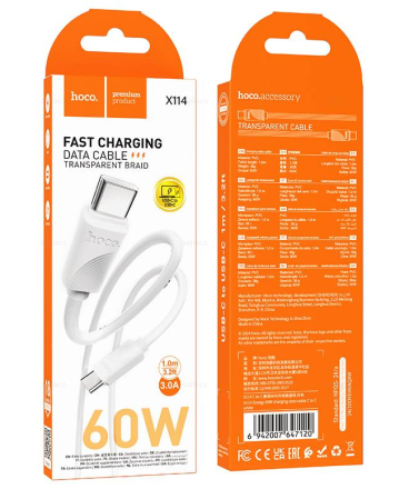  Usb Кабель-зарядка Type-C на Type-C Hoco X114 3A 60W 1м силиконовый белый