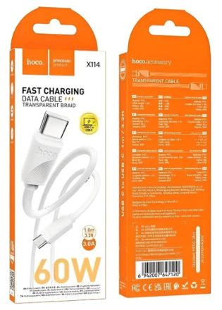  Usb Кабель-зарядка Type-C на Type-C Hoco X114 3A 60W 1м силиконовый белый