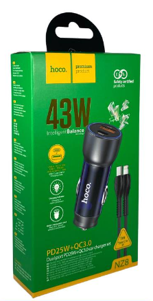  Автомобильное заряд. устр. Hoco NZ8 1USB/1C + кабель TC-L 18W/25W серый