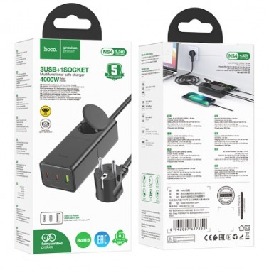  Сетевое зар. устр. Hoco NS4 GaN 1USB/2C/Розетка 65W черное