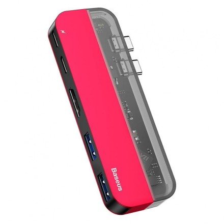  Переходник Baseus Transparent 5в1 2USB/2C/HD 4K (CAHUB-TS09) красный