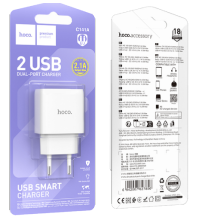  Сетевое зар. устр. Hoco C141A 2USB белое