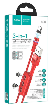  Usb Кабель-зарядка Магнитный Hoco U98 3-in-1 Lightning/Micro/Type-C 2.1A 1м красный