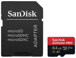 micro SDXC карта памяти SanDisk 64GB Class10 Extreme Pro A2 V30 UHS-I U3 (200 Mb/s) + SD адаптер