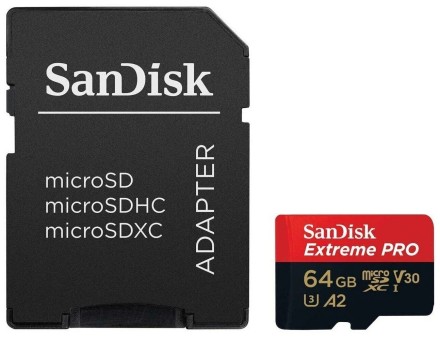 micro SDXC карта памяти SanDisk 64GB Class10 Extreme Pro A2 V30 UHS-I U3 (200 Mb/s) + SD адаптер