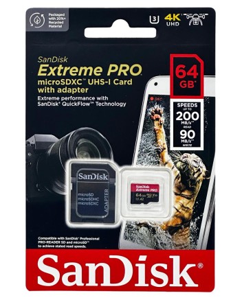  micro SDXC карта памяти SanDisk 64GB Class10 Extreme Pro A2 V30 UHS-I U3 (200 Mb/s) + SD адаптер