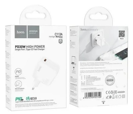  Сетевое зар. устр. Hoco C112A 1C PD/QC3.0 30W белое