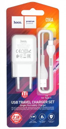 Сетевое зар. устр. Hoco C96A с шнуром Type-C 1USB 2.1A белое