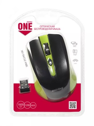  Мышь беспроводная Smartbuy ONE 352AG USB/DPI 800-1200-1600/4 кнопки/2AAA (SBM352AG-GK) зелено-черная