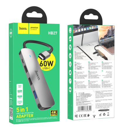  Кабель-переходник Hoco HB27 Type-C на HDMI/USB3.0/USB2.0/USB-C серый