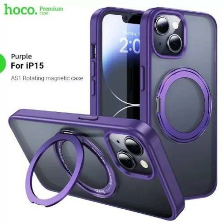  Накладка для i-Phone 15 Hoco Stand Magnetic матово-прозрачный фиолетовый с кольцом 360°