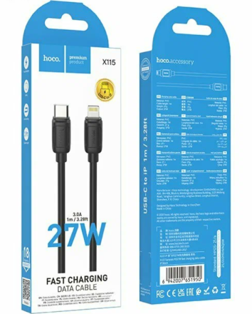  Usb Кабель-зарядка Type-C на Lightning Hoco X115 27W 1м силиконовый черный
