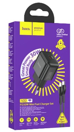  Сетевое зар. устр. Hoco N32 с шнуром Type-C на Type-C 1USB/1C 30W черный