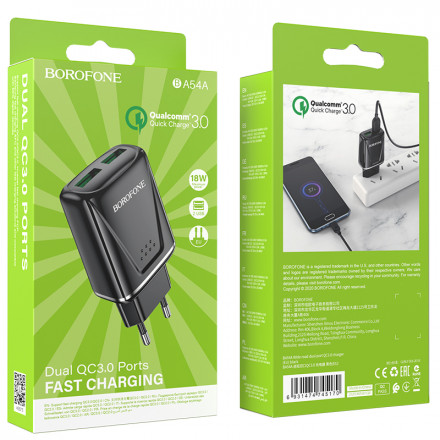  Сетевое зар. устр. Borofone BA54A 2USB QC3.0 3A 18W черное