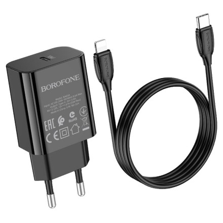  Сетевое зар. устр. Borofone BA65A с шнуром Type-C на Lightning 1C 20W черное