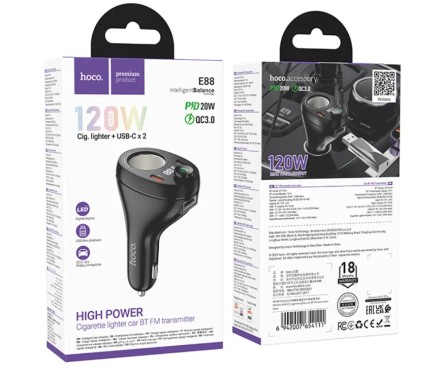  Автомобильное заряд. устр. Hoco E88 1USB/2C + FM-трансмиттер черное