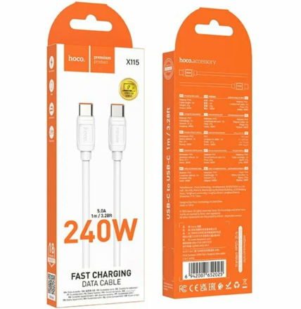  Usb Кабель-зарядка Type-C на Type-C Hoco X115 5A 240W 1м силиконовый белый