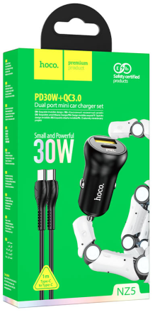  Автомобильное заряд. устр. Hoco NZ5 1USB/1C + кабель TC-TC 30W черный