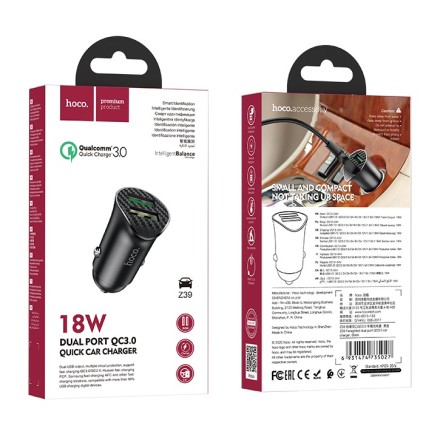  Автомобильное заряд. устр. Hoco Z39 2USB 18W 3A QC3.0 черное